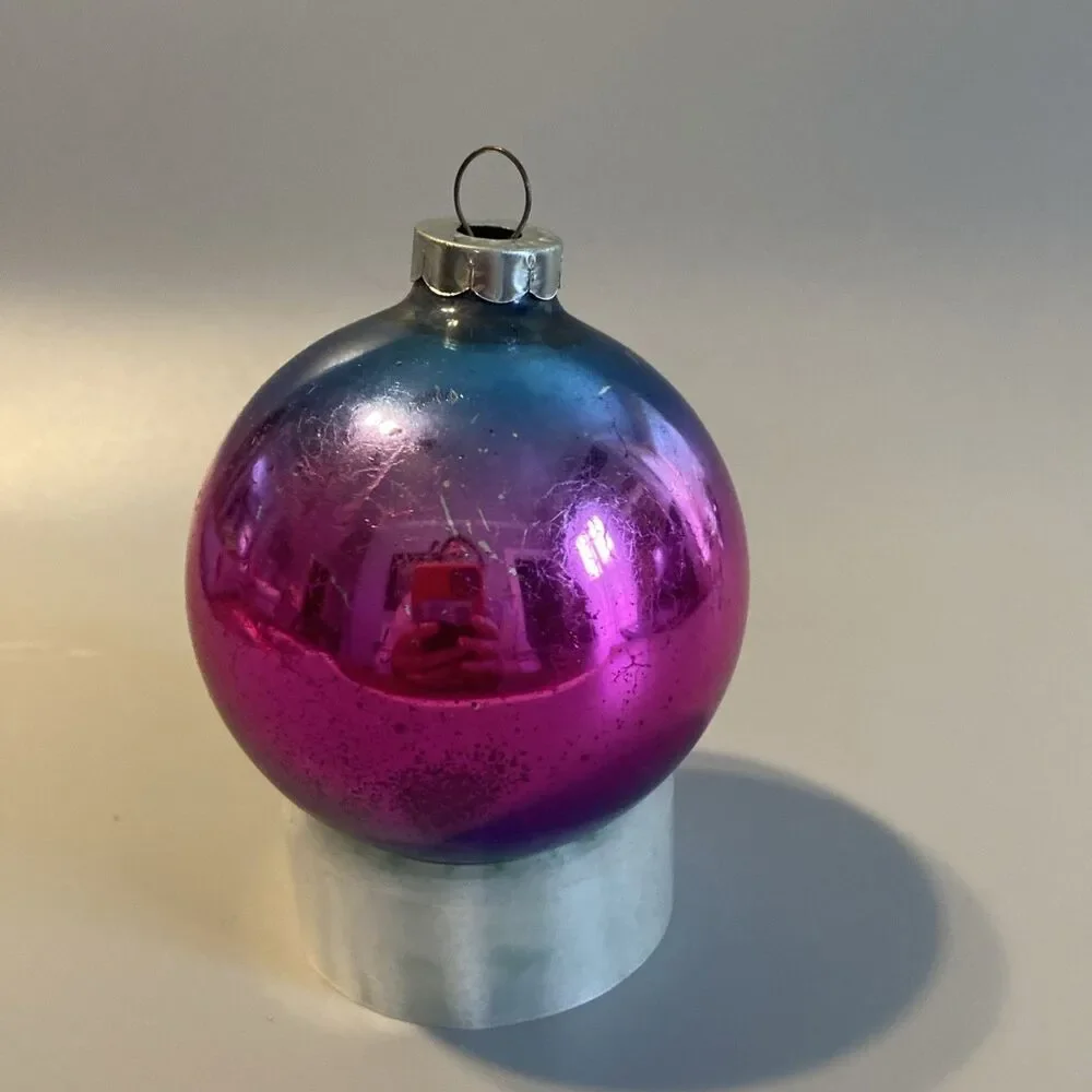 Vintage Christmas Ombre Glass Ornament Hand Made In USA Blue Pink Fade Ball